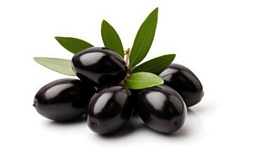 Isolated olives. Three black olive fruits on a branch with leaves isolated on white background,...