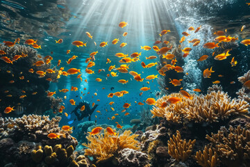 Fototapeta na wymiar Exploring the Mesmerizing Underwater World: Stunning Images of Divers Among Colorful Coral Reefs, Exotic Sea Animals, and Breathtaking Marine Landscapes