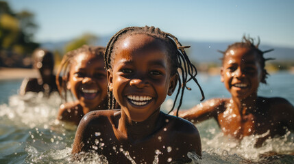 Pure joy in every splash: four girls and boys from Rwanda embrace the freedom of youth, laughing...
