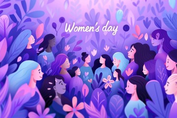 Celebration of International Women's Day with diverse women surrounded by lush floral elements in various shades of purple