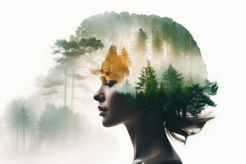 Double exposure of a womans head with forest
