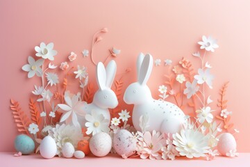 Naklejka na ściany i meble Happy Easter. Bunnies, eggs and flowers. Modern style design, pastel colors 