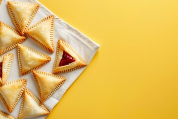 hamantaschen cookies with jam lie on a white linen napkin on the yellow color background, minimalism, copy space. Concept: traditional dishes and Purim holiday. - obrazy, fototapety, plakaty