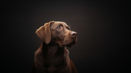 Standing against a dark backdrop, a Labrador Retriever dog with a glossy coat and soulful eyes reflects a contemplative demeanor, embodying a sense of calmness and intelligence.