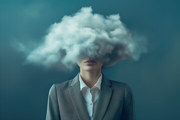 A man wearing a formal suit with a cloud hovering over his head, portraying a sense of frustration or confusion. - obrazy, fototapety, plakaty