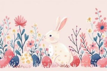 Happy Easter. Bunnies, eggs and flowers. Modern style design, pastel colors