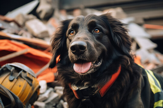 AI generated picture of dog rescuer animal seeking injured people among damaged buildings