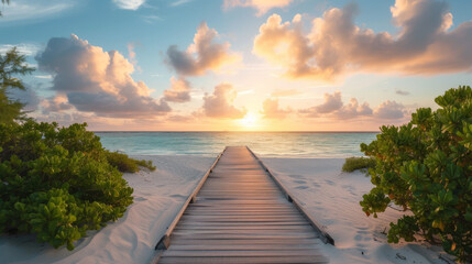 Long boardwalk leading to the white sand beach and ocean water at sunset with few shrubs on sides
 - obrazy, fototapety, plakaty