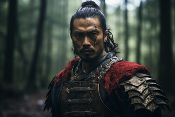 Obraz premium Generative AI picture of brave samurai warrior in fantasy forest