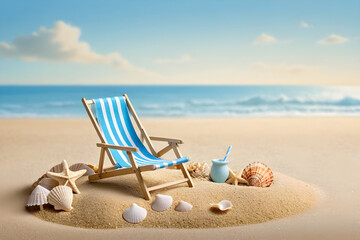 Fototapeta na wymiar Miniature beach scene, pastel blue background suggests a serene sky, tiny sandcastle at the forefront, minuscule striped beach umbrella staked beside a doll-sized deck chair. Generative AI