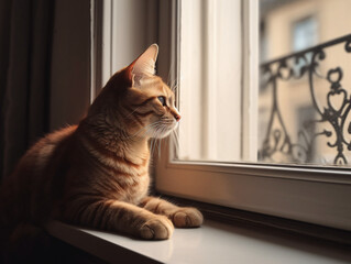 An affectionate cat sitting on a window sill, looking out at the world with curiosity - obrazy, fototapety, plakaty