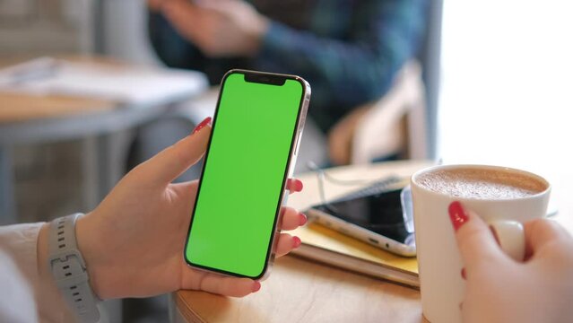 Businesswoman, hands or green screen phone in coffee shop, restaurant or cafe on social media app or calendar management. worker employee or mobile technology mockup of office logo on lunch break 4K