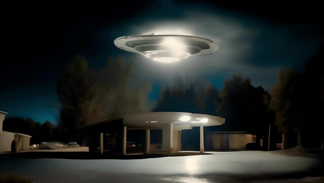 An unidentified flying object hovered in the sky, a mysterious light above a quiet suburb. Space flying saucer with lights. An alien UFO visits Earth. Aliens from another planet. Concept: science fict