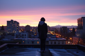 Fototapeta premium A person standing on the roof of a building, looking at the city descending into darkness