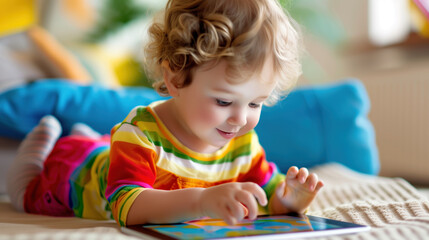 Fototapeta na wymiar Smiling Curly-Haired Toddler Engaged with a Colorful Digital Tablet Indoors