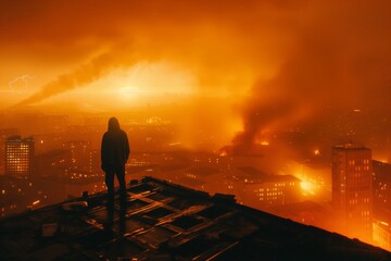 A person standing on the roof of a building, looking at the city descending into flames