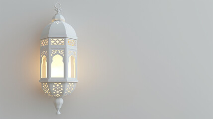 Decorative white lantern with candle, 3d rendering. Concept for islamic celebration.