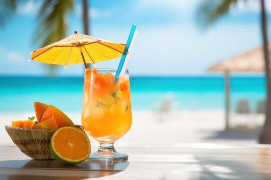glass of refreshing aperol spritz cocktail on summer tropical resort beach background