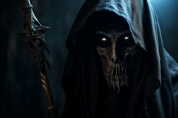 Fototapeta na wymiar Digital generative ai collage image of dark humanoid creature in black cloak doing death spell summon