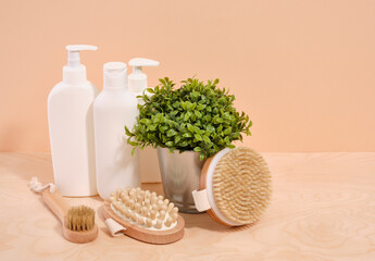 Plastic free concept. Ecological bathing products and hygienic supplies. Copy space for text.