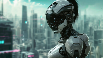 A futuristic warrior princess in a sleek robotic armor with a robotic mask representing a hybrid of human and machine. In the background a futuristic advanced cityscape.