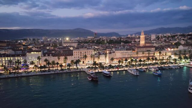 Night aerial view of old town Split, Croatia.