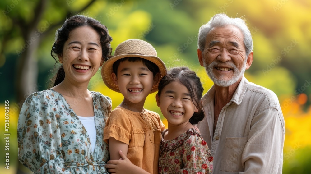 Wall mural Happy Asian family. Child having fun and playing with her grandparents.