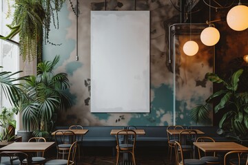 Blank white vertical billboard on wall in cafe interior, inside advertising poster, mock up