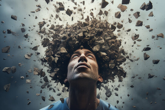 Generative AI picture of burnout tired man exploding mind concept of emotional and professional burnout