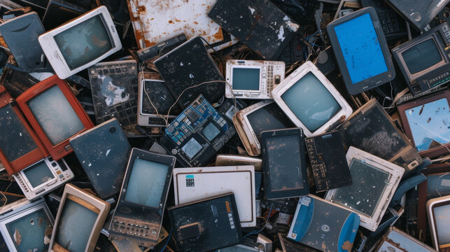 Old computers, digital tablets, mobile phones, many used electronic gadgets devices, broken household and appliances on white background. Planned obsolescence, electronic waste for recycling concept 