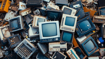 Old computers, digital tablets, mobile phones, many used electronic gadgets devices, broken household and appliances on white background. Planned obsolescence, electronic waste for recycling concept 