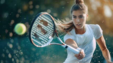 Female tennis player hits the ball. Ball in the air. Racket in reach. with copy space