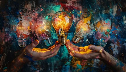 Creative Solutions at Your Fingertips, Illustrate the accessibility of creative solutions with an image of arm fingers holding a light bulb, AI - obrazy, fototapety, plakaty