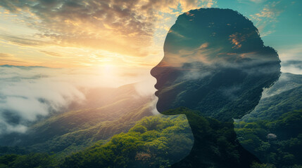Outline of a human head containing a serene landscape background, symbolizing the concept of inner peace and mental tranquility with copy space