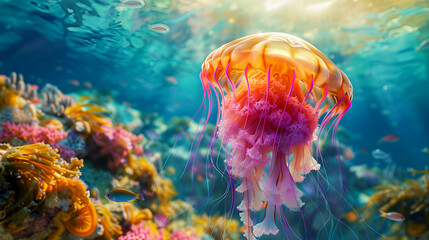 A colorful jellyfish lives in the depths of the ocean. She has a transparent torso and dangerous tentacles. It serves as an ornament of the underwater space and attracts the attention of researchers.