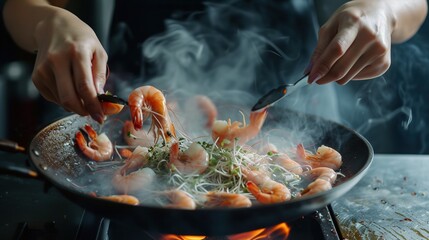 Seafood Professional female cook prepares shrimp with bean sprouts. Cooking seafood, healthy vegetarian food and food on dark background. Horizontal view. Oriental kitchen.