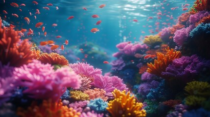 Close Up Colorful Coral Reef, beautiful sea coral, sunlight, fish