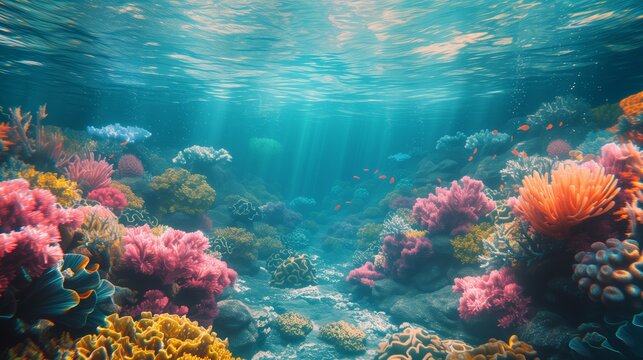 Close Up Colorful Coral Reef, beautiful sea coral, sunlight, fish
