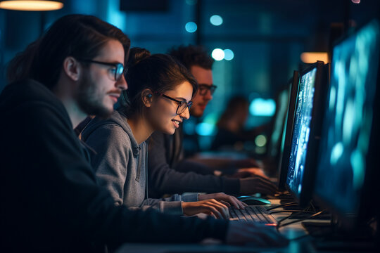 Experienced hacker in action breaking software protection server code Generative Ai image pic