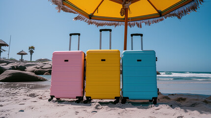 Colorful Suitcases Lined Up on a Sunny Tropical Beach Ready for Adventure.