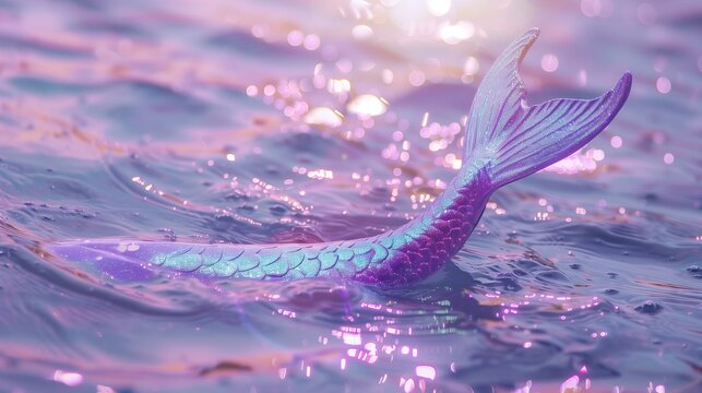 Holographic Glitter Realistic Looking Mermaid Tail On A Pastel Purple Water Background