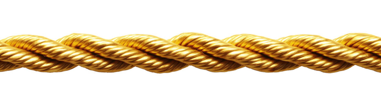 Gold rope isolated on a white or transparent PNG background. twisted twine rope for borders. 3D illustration