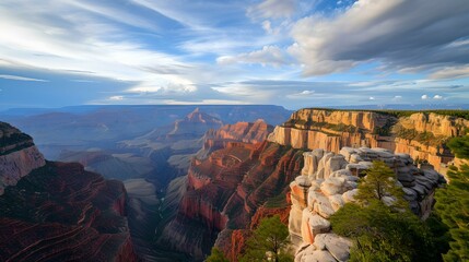 Majestic grand canyon view at sunset, vast orange cliffs and deep valleys, scenic landscape photography. AI