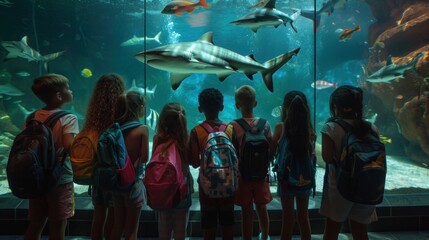 photograph of View of a group of schoolchildren wearing backpacks viewing sharks and other marine life in an aquarium during a field trip. - obrazy, fototapety, plakaty