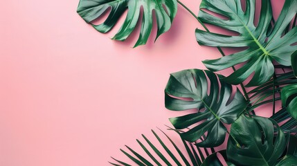 Pastel Pink Background with Delicate Palm and Monstera Leaves, Generative AI