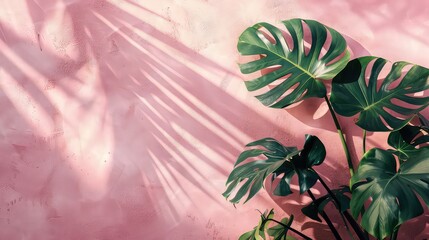 Obraz premium Pastel Pink Background with Delicate Palm and Monstera Leaves, Generative AI