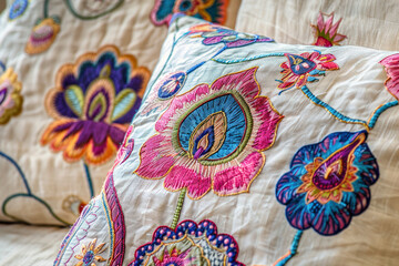 Obraz premium Ikat floral paisley embroidery on cream background.Ikat ethnic oriental pattern.