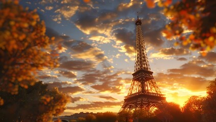 Sunset glow at eiffel tower surrounded by autumn leaves. picturesque parisian scene. ideal for travel and romance. AI