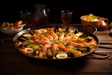 Paella with seafood, rice and vegetables on a dark background.