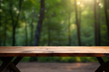 Fototapeta premium Wooden table on forest camp background
